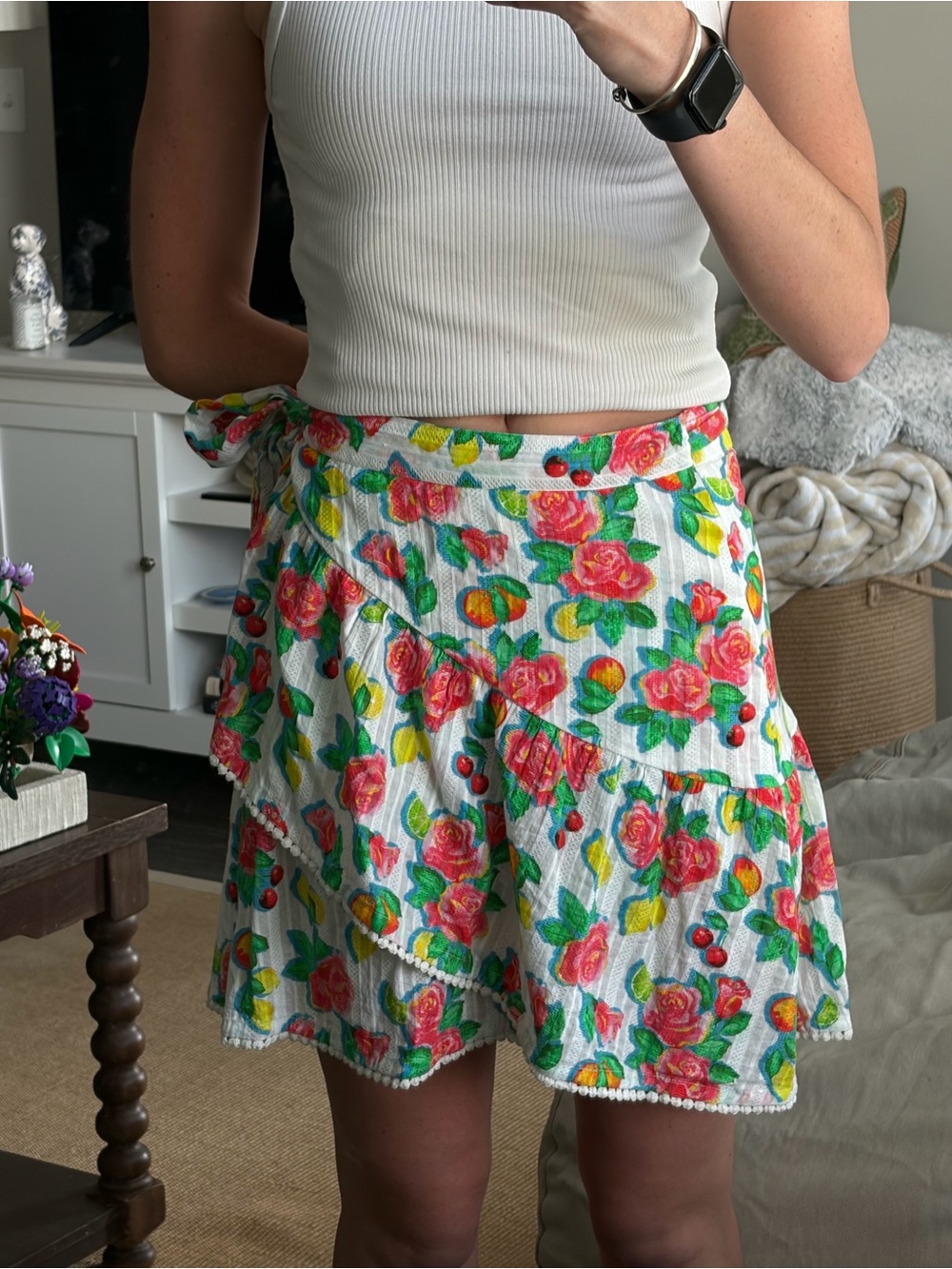 Roller Rabbit White Floral Asymmetrical Wrap Skirt with Pink Roses